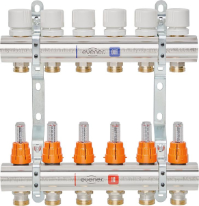 Evenes Fußbodenheizungsverteiler vernickelt mit Durchflussmesser und Voreinstellung