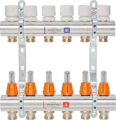 Evenes Fußbodenheizungsverteiler vernickelt mit Durchflussmesser und Voreinstellung